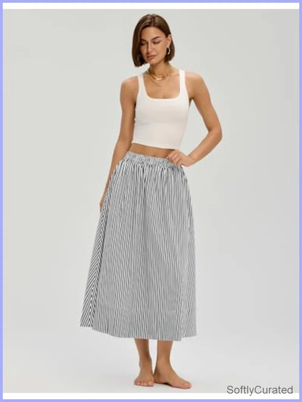 Women's A-Line Midi Skirt with Pockets Cotton Flowy Elastic Waist Summer Beach